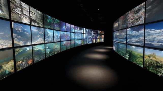 Curved digital display wall with multiple nature and underwater images in a dark modern exhibition space