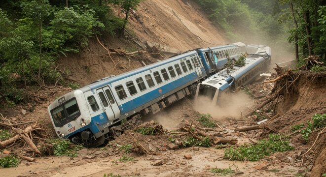 Train derailment after landslide dramatic scene of destruction and environmental impact