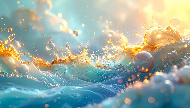爽やかなブルーの液体と虹色の光を放つバブル、ダイナミックなスプラッシュの抽象素材