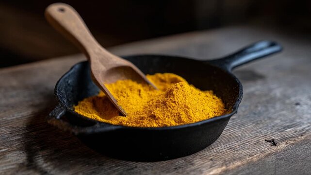 Close up of vibrant turmeric powder in a black cast iron skillet with wooden spoon on rustic wooden table