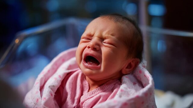 A distressed infant expresses emotions in a hospital nursery, wrapped snugly in a soft pink blanket, capturing the vulnerable stage of early life filled with cries and expressions of discomfort.