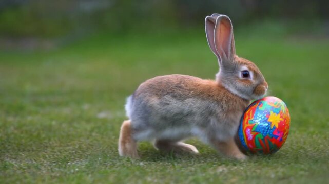 Cute bunny rabbit hopping along while carrying a brightly decorated Easter egg with colorful patterns.