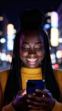 Smiling young African American woman uses smartphone in city at night.