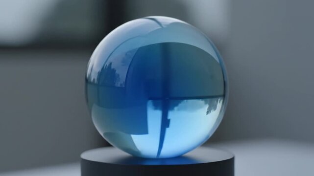 A clear, blue glass sphere sits on a dark base, with reflections within, in front of a gray backdrop