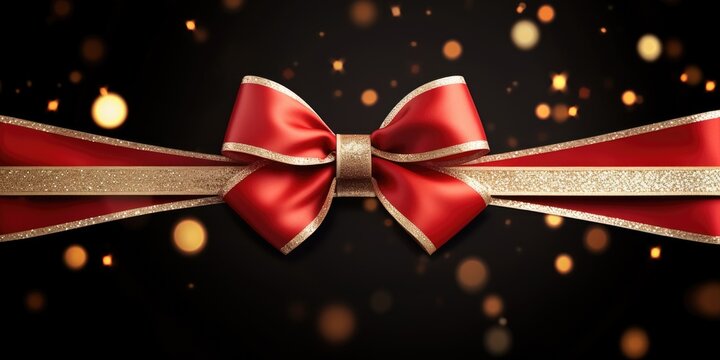 red ribbon and bow with gold isolated against background light, stars lighting, unreal engine anon