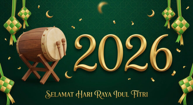 Selamat Hari Raya Idul Fitri 2026 greeting card. 3D design features a bedug drum, ketupat, and golden text on a green background. Perfect for the Indonesian Eid celebration and holiday season.

