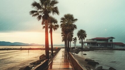 Palm trees near the pier in stormy day shot by iPhone with light leak effect