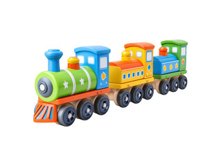 Naklejka premium Multi-car wooden train toy with colorful carriages for children's imaginative play, transparent