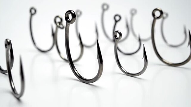 Close-up of multiple fishing hooks of various sizes against a blurred white backdrop