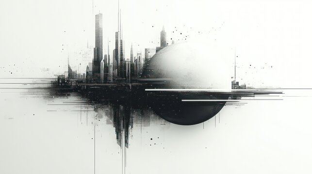 Abstract cityscape with orb, futuristic graphic design