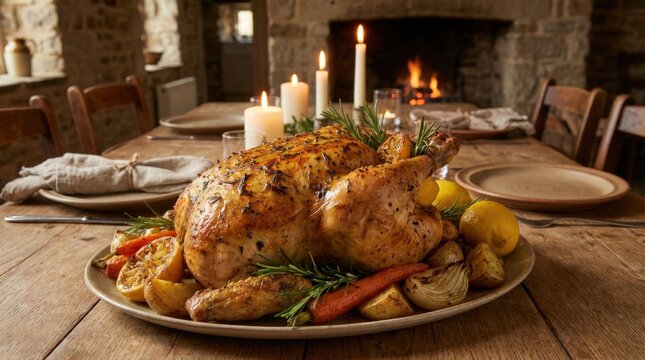 Golden whole roasted chicken, rosemary, lemon, served on platter with vegetables, cozy fireplace scene, candles, captured 20260211, image 1770814777639_525.