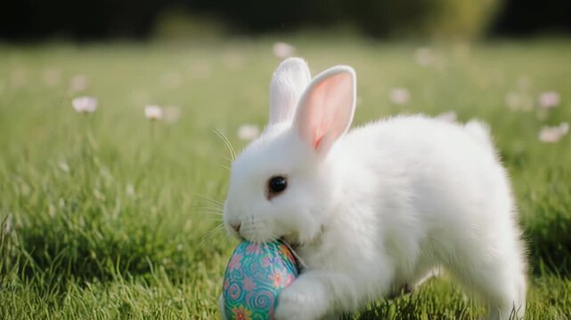Cute bunny rabbit hopping along while carrying a brightly decorated Easter egg with colorful patterns.