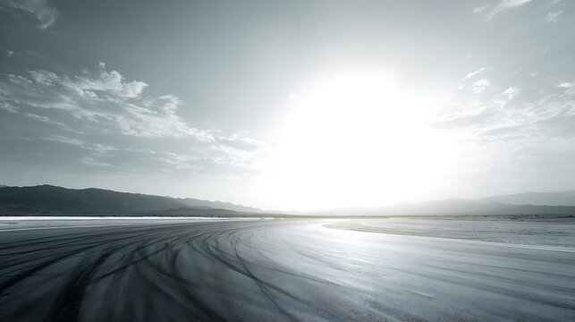 Wide Asphalt Curve with Tire Tracks and Bright Sun