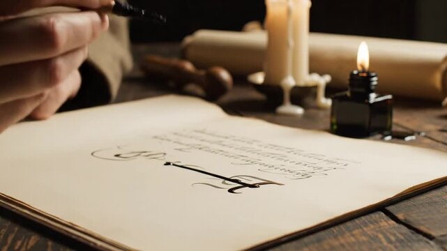 Close-up of hand writing with a quill pen on parchment, lit by candlelight, with inkwell and scroll