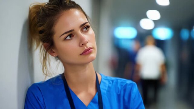 A thoughtful healthcare professional dressed in scrubs reflects on her day in a busy medical environment, capturing a moment of introspection amidst the fast-paced world of patient care.