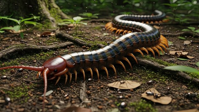 Giant Centipede Crawling on Forest Floor in Natural Habitat.
