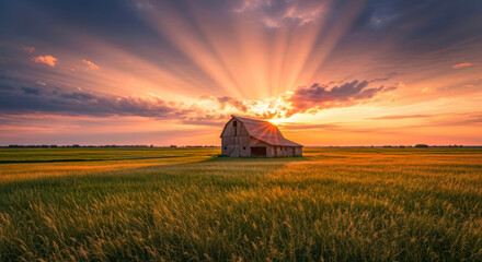 Fototapeta premium Old wooden barn standing alone in an open field beneath dramatic sun rays