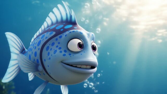 Animated Blue Fish Underwater Adventure - A Cheerful Cartoon Character.