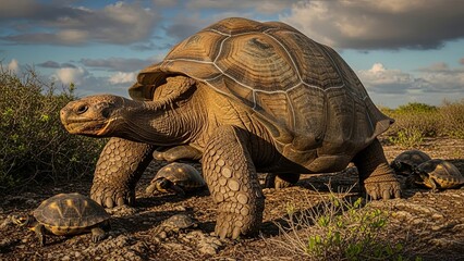 Obraz premium Giant Galapagos Tortoise Walking with Smaller Tortoises in Natural Habitat.