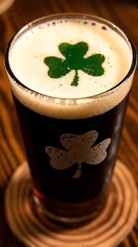 Close-up of a Dark Beer with a Green Shamrock Stencil on Foam for St. Patrick's Day Celebration and Irish Pub Atmosphere