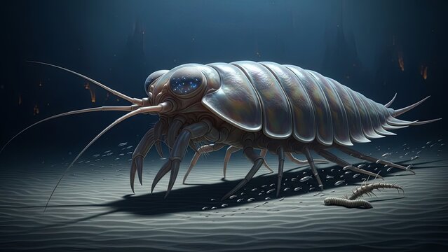 Giant Isopod on Ocean Floor in Deep Sea Environment.