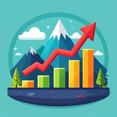 Obraz premium Business growth success rising arrow chart with mountain landscape and bar graph financial progress concept