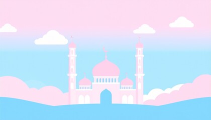 Fototapeta premium Pink fantasy palace illustration with clouds and dreamy pastel sky background