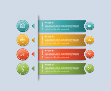 4 points infographic with glossy gradient style with circle stacked list with shadow divider and long box rectangle with four segment information