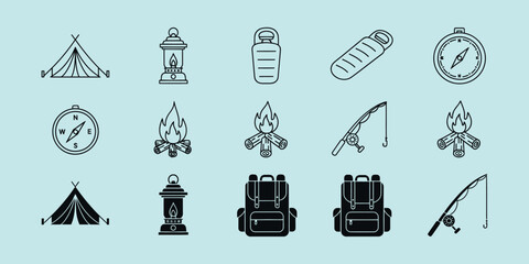 Camping including tent lantern water bottle compass campfire fishing rod backpack © VARIOUS