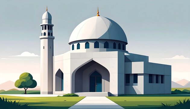 Modern white mosque with dome and minaret in serene landscape at sunset