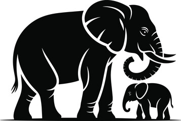 Black silhouette of African elephant mother and baby calf walking together, vector illustration isolated on white background, wildlife family concept art for stock design © Moklesur