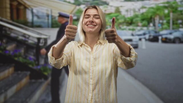 Woman smiling and giving thumbs up at hotel entrance by stairs and parked cars, doorman passing behind; optimism approval.