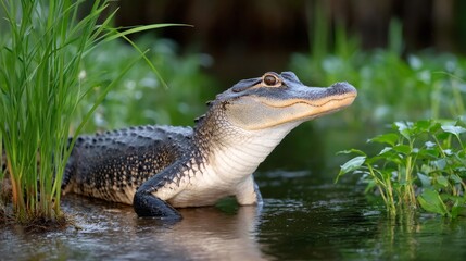 Obraz premium Alligator resting partly submerged in swamp water