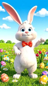 A cheerful animated white rabbit character stands in a vibrant spring meadow.