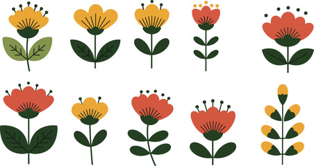 Colorful illustrations of various flowers with leaves on white background
