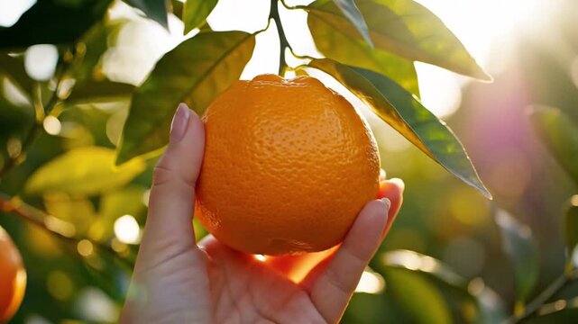 Hand picking ripe orange citrus fruit from tree in sunlight