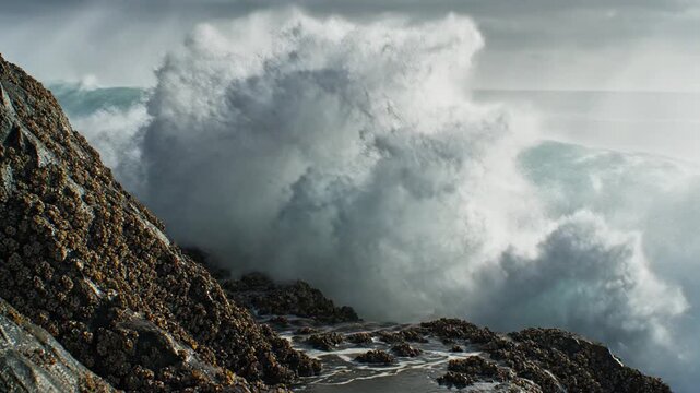 A large ocean wave is crashing against rocky coastal formations, creating a powerful display