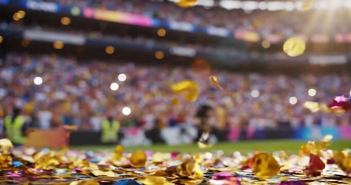 Colorful confetti falling in a vibrant stadium during a lively sports celebration event