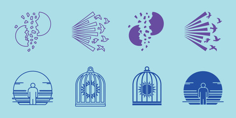 Purple and blue of birds flying out of cages and domes birdcages © VARIOUS