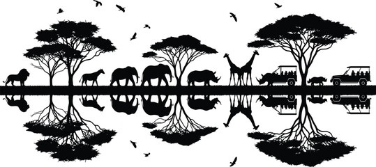 African safari landscape silhouette with wild animals and trees reflected in water featuring elephants giraffes lions rhinoceros and tour jeeps © Mehedi