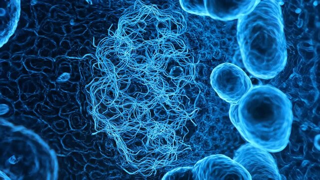 Surrealistic Blue Biofilm Colony with Floating Bacteria for Science and Immunology Concepts