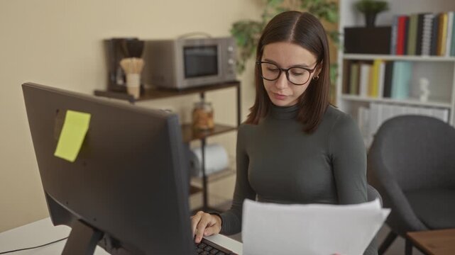 Young woman reviews papers, types on a keyboard and makes a small fist gesture at the monitor while sitting at a desk with a computer in studio; focused productivity.