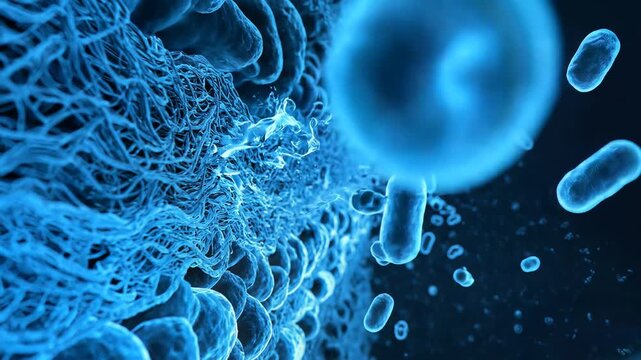 Futuristic Blue Biofilm Network with Floating Bacteria for Medical Science