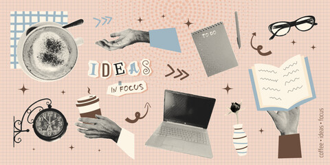Creative workspace collage with coffee, books, stationery, desk objects in retro halftone style. Black white isolated cutout elements. Vintage lifestyle vector illustration for modern work concepts