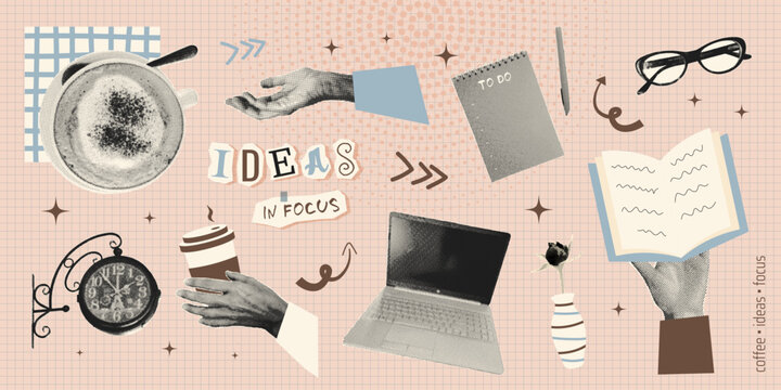 Creative workspace collage with coffee, books, stationery, desk objects in retro halftone style. Black white isolated cutout elements. Vintage lifestyle vector illustration for modern work concepts