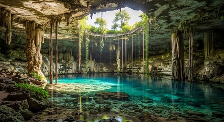 Stunning underground cavern featuring turquoise water sunlight and natural rock formations