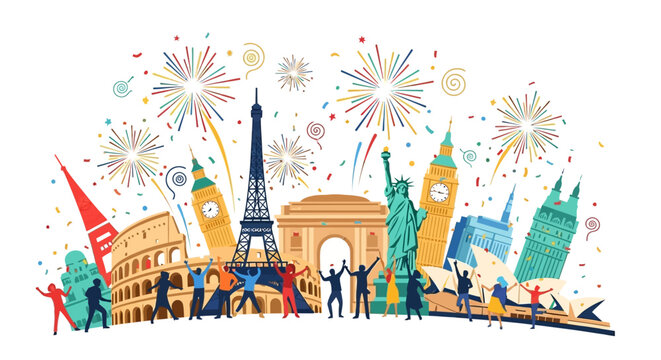 Vibrant illustration of a boy and family celebrating Global Tourism Resilience Day with fireworks and iconic landmarks around the world for a colorful World Tourism Campaign.