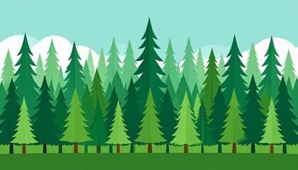 Obraz premium Vibrant forest of evergreen trees with colorful flags in lush mountain landscape