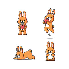Cartoon bunny set with different poses and actions on white background