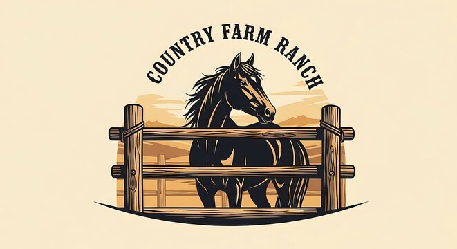 Stylized farm ranch logo featuring a majestic horse behind a wooden fence